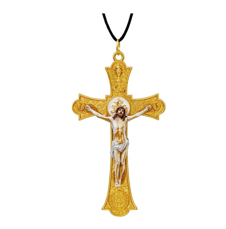 Gold Holy Mass Crucifix Pendant with Cord