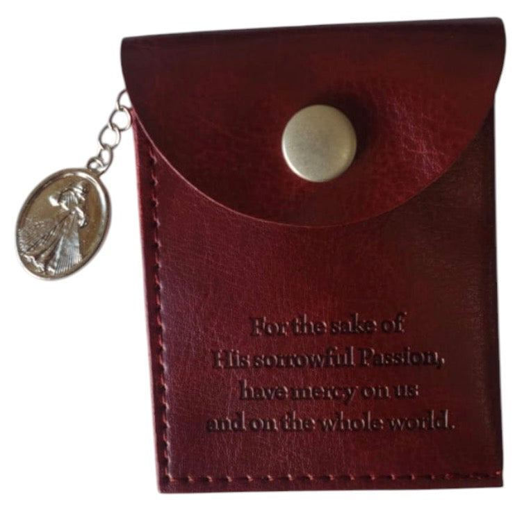 Brown Divine Mercy Leather Rosary Pouch with Divine Mercy Medal