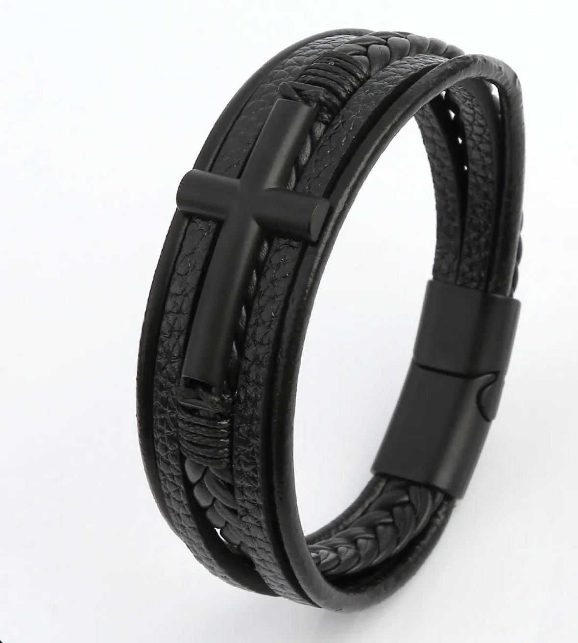 Pulsera De Cuero Trenzado Multicapa Colgante De Cruz