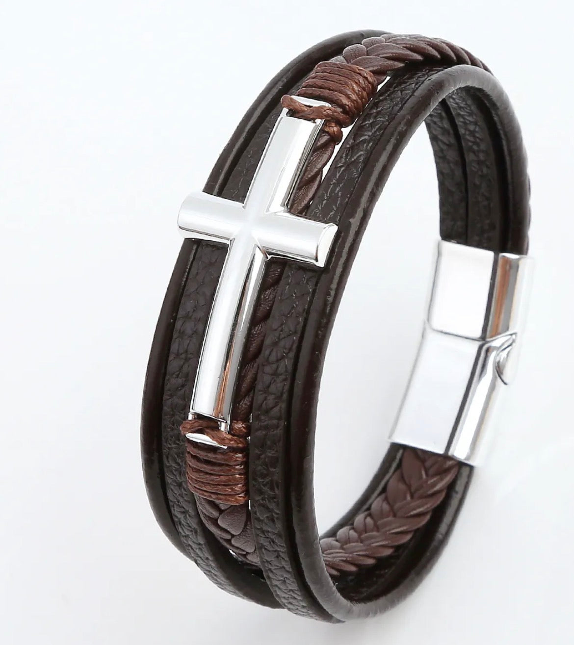 Pulsera De Cuero Trenzado Multicapa Colgante De Cruz