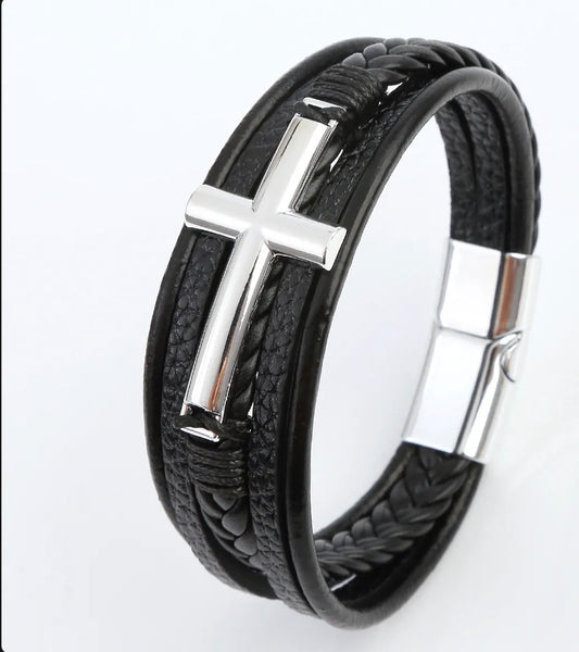 Pulsera De Cuero Trenzado Multicapa Colgante De Cruz