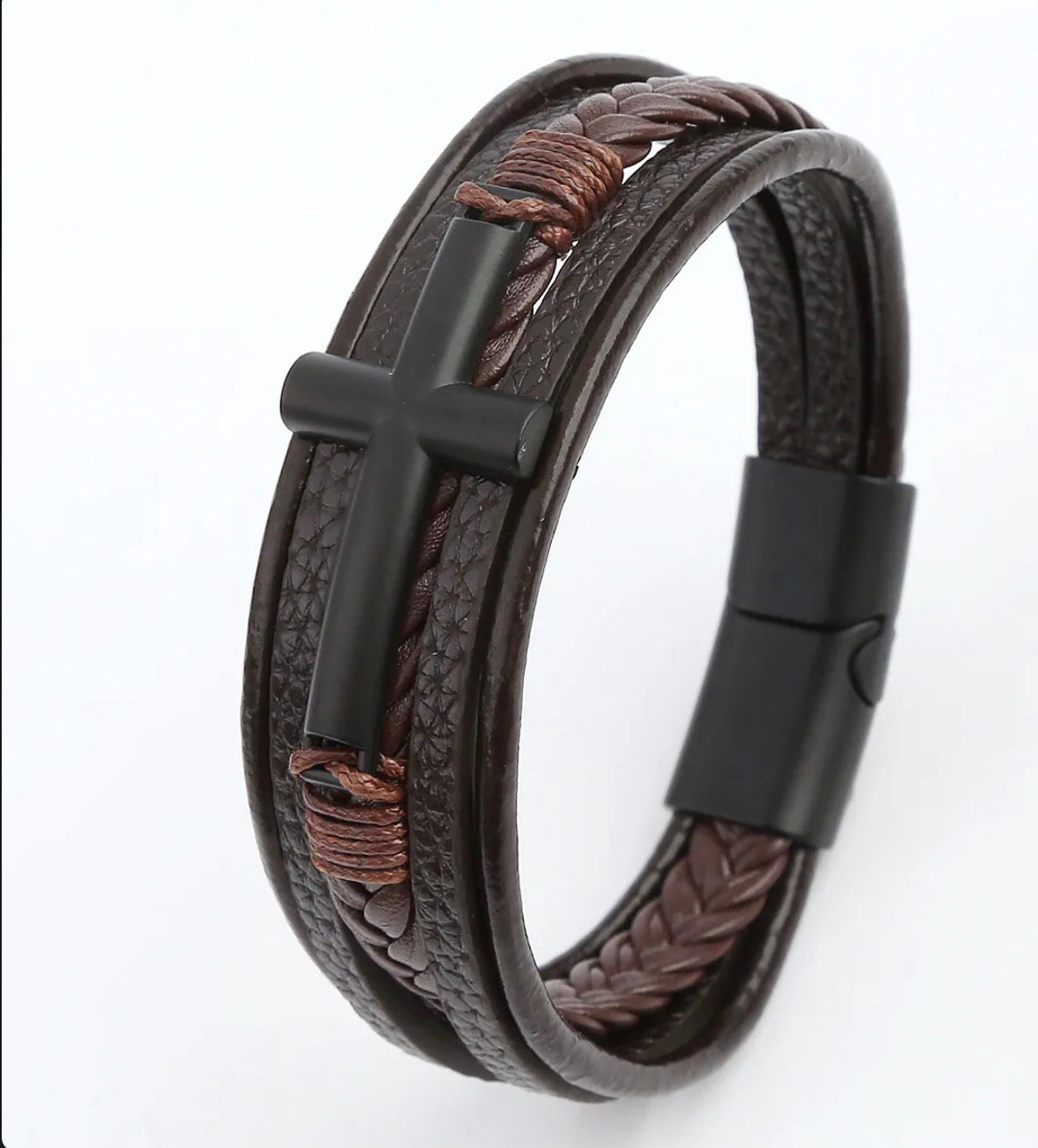 Pulsera De Cuero Trenzado Multicapa Colgante De Cruz