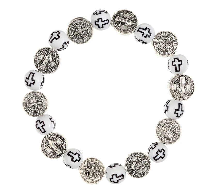 St. Benedict White Cross Bead and Medals Rosary Bracelet