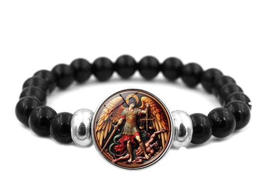 Pulsera de Cuentas San Miguel Arcángel Cabujón de Vidrio Negro