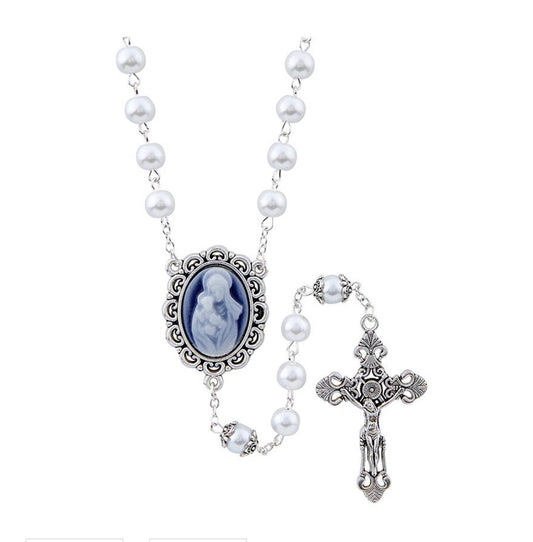 Madonna and Child White Pearl Cameo Rosary