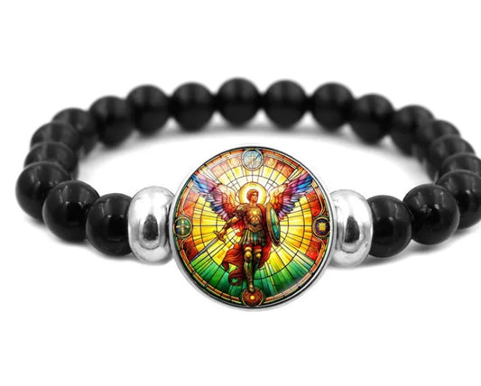 Pulsera de Cuentas San Miguel Arcángel Cabujón de Vidrio Negro
