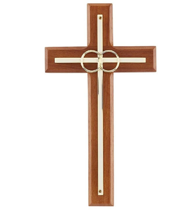 Gold Rings Wood Wedding Cross