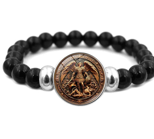 Pulsera de Cuentas San Miguel Arcángel Cabujón de Vidrio Negro