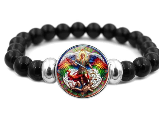 Pulsera de Cuentas San Miguel Arcángel Cabujón de Vidrio Negro