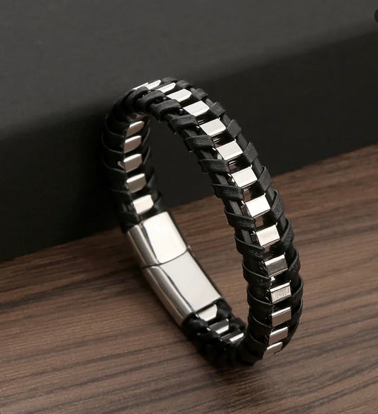 Pulsera Trenzada De Cuero Acero Inoxidable