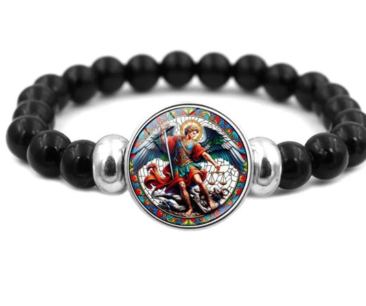 Pulsera de Cuentas San Miguel Arcángel Cabujón de Vidrio Negro