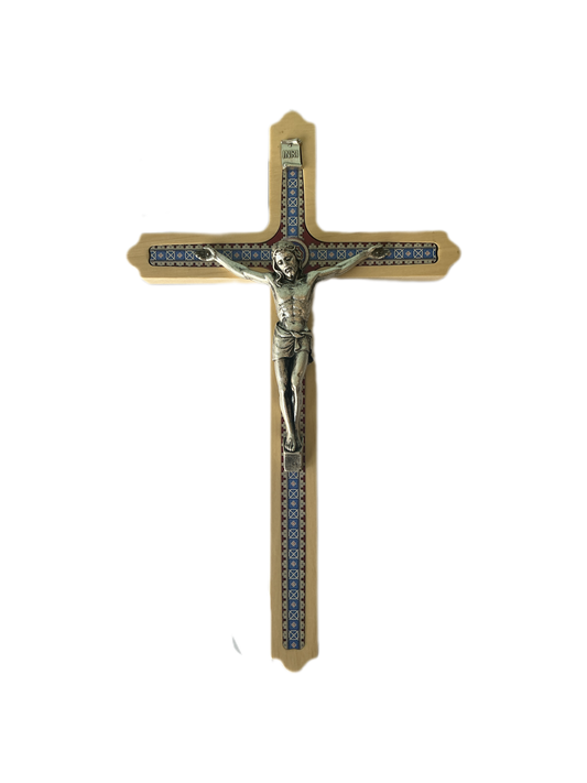 Crucifix Wood with Blue Design 12"H