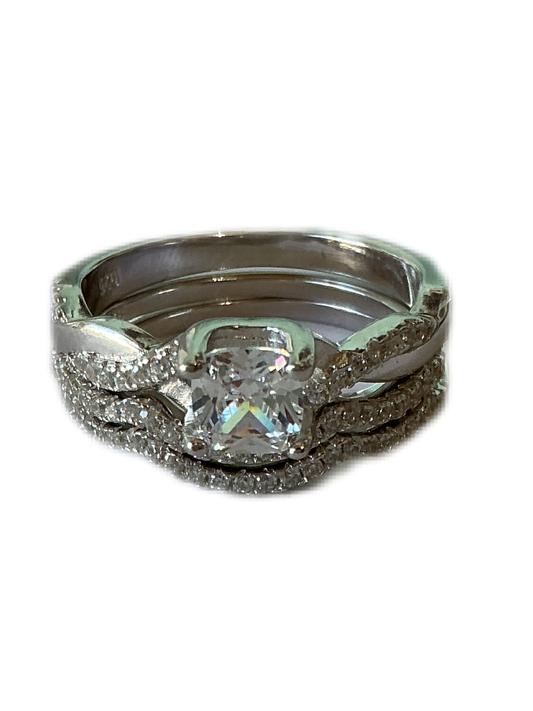 Silver Cubic Zirconia Three-in-One Halo Wedding Engagement Promise Eternity Ring for Women Size #8