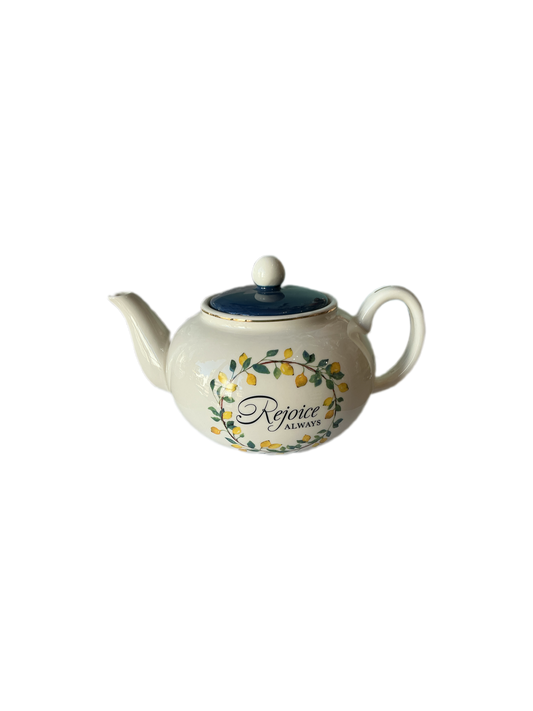 Large Ceramic Cute Inspirational Scripture Teapot for Women: Rejoice Always Bible Verse for Home & Kitchen w/Gold, Easy-pour Lead & Cadmium-free, White/Blue & Yellow Lemons, 34 oz.