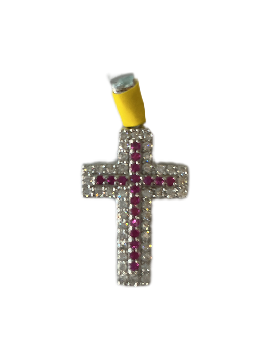 Silver Cross with Fuchsia Rhinestone 1"H