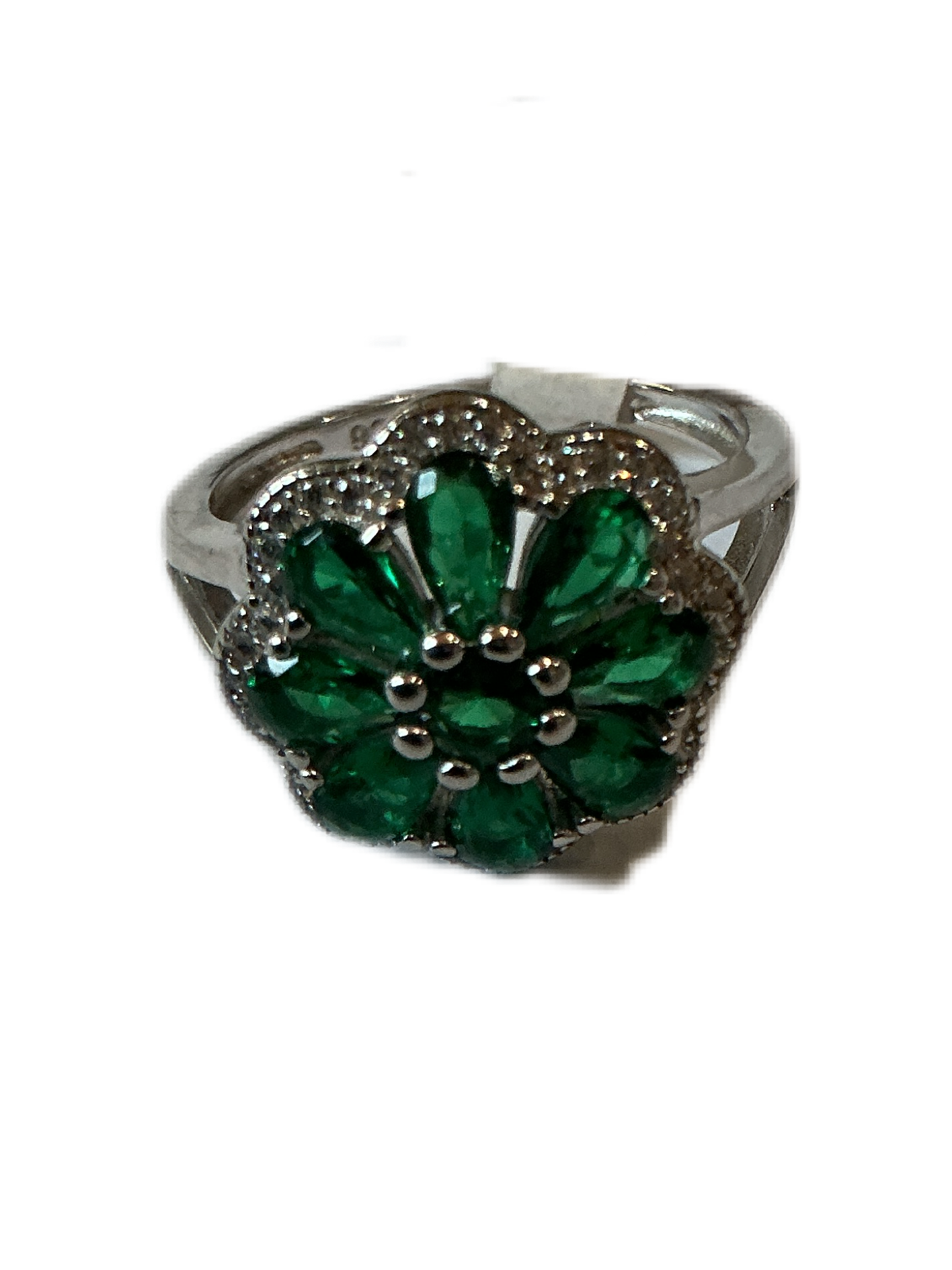 Silver Ring con with Green Zirconias Size # 7