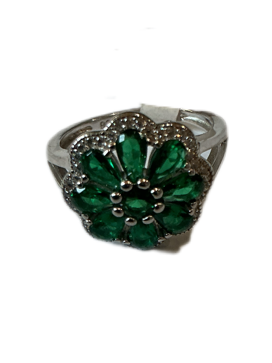 Silver Ring con with Green Zirconias Size # 7