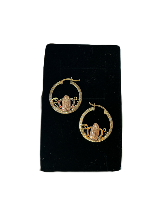 14K Tri Color Pink White Yellow Gold Our Lady of Guadalupe Virgin Mary Round Medium Hoops