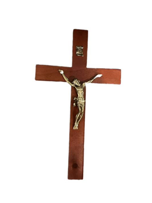 Wooden Cross Light Brown with Gold Christ