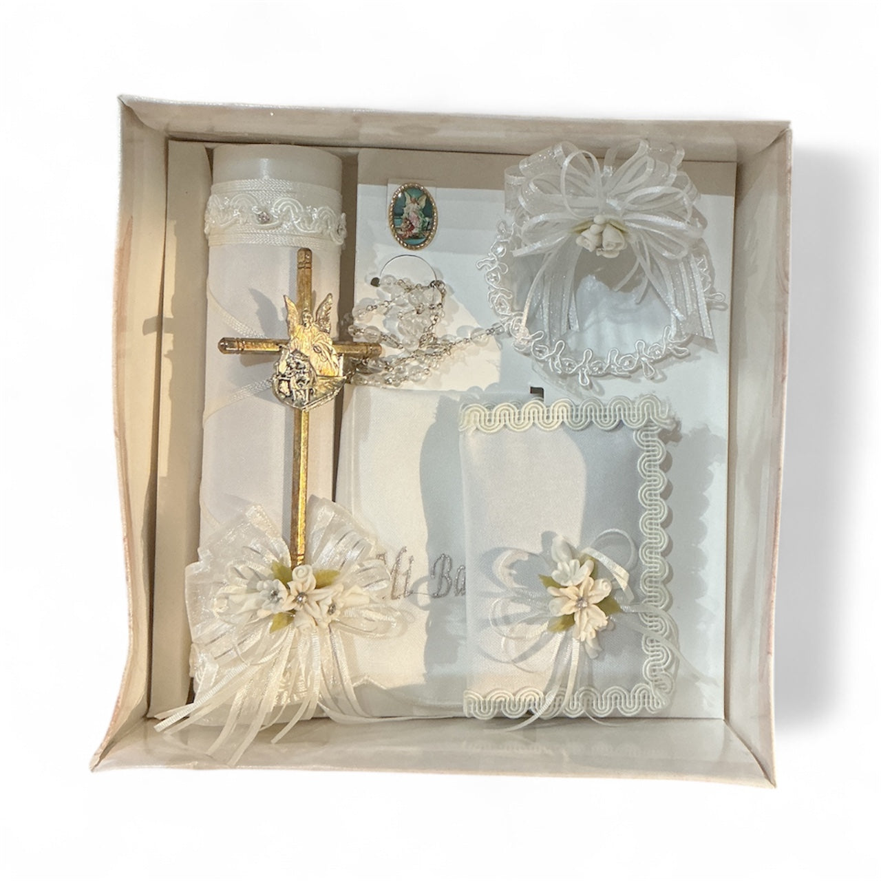 Baptism candle set for boys and girls white with candle with cross with guardian angel  , baptismal towel, shell, rosary, guardian angel medal