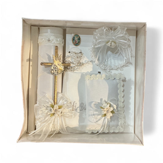 Baptism candle set for boys and girls white with candle with cross with guardian angel  , baptismal towel, shell, rosary, guardian angel medal