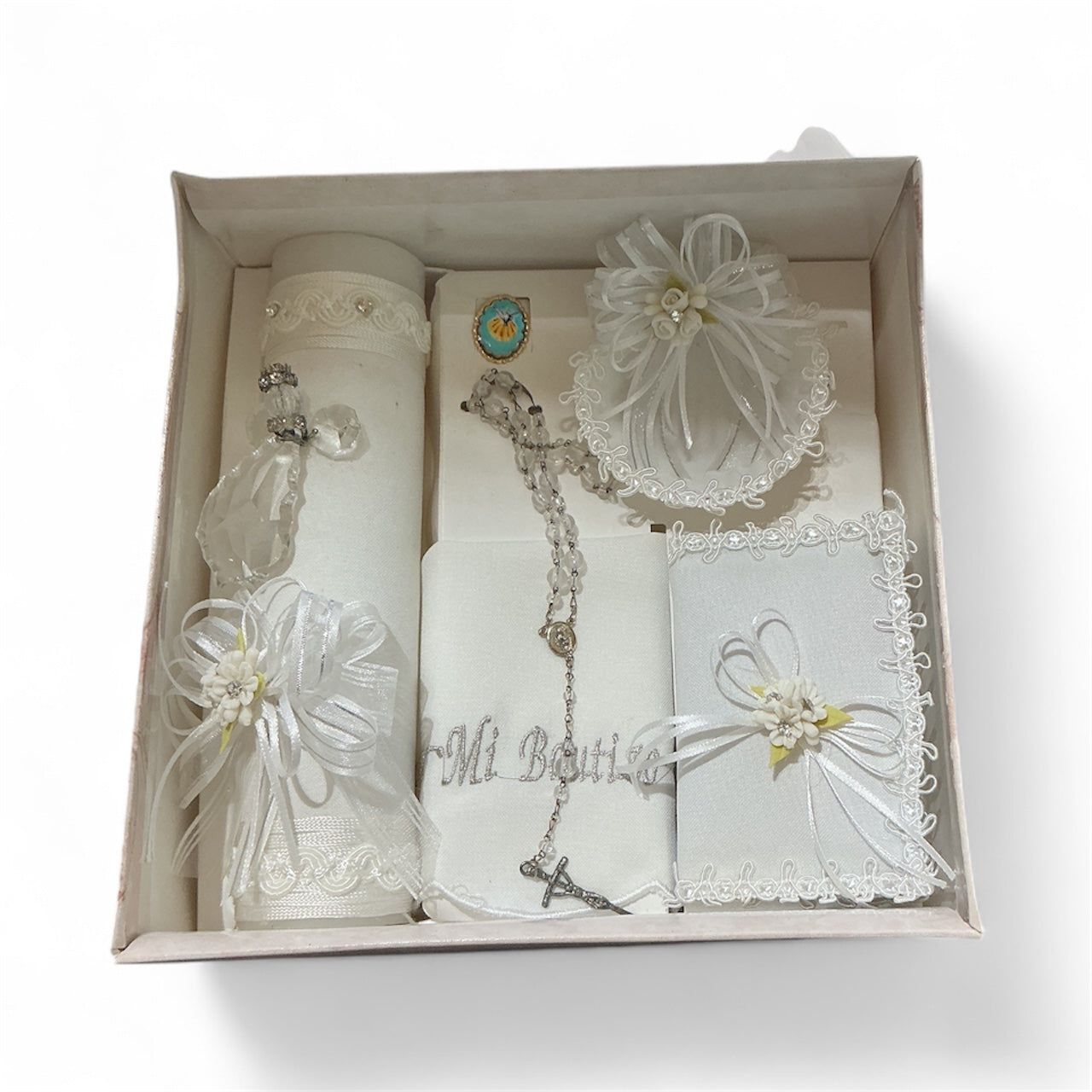 Baptism candle set for boys white with candle with angel , baptismal towel, shell, rosary, Holy Spirit medal spanish