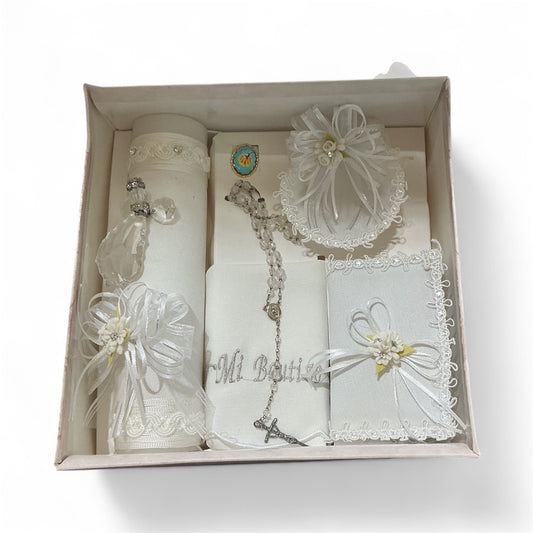 Baptism candle set for boys white with candle with angel , baptismal towel, shell, rosary, Holy Spirit medal spanish