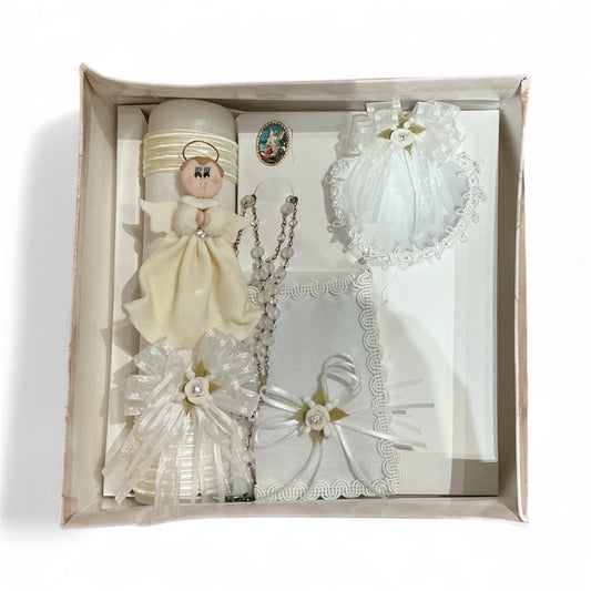Baptism candle set for boys, white with candle, baptismal towel, shell, rosary, guardian angel medal