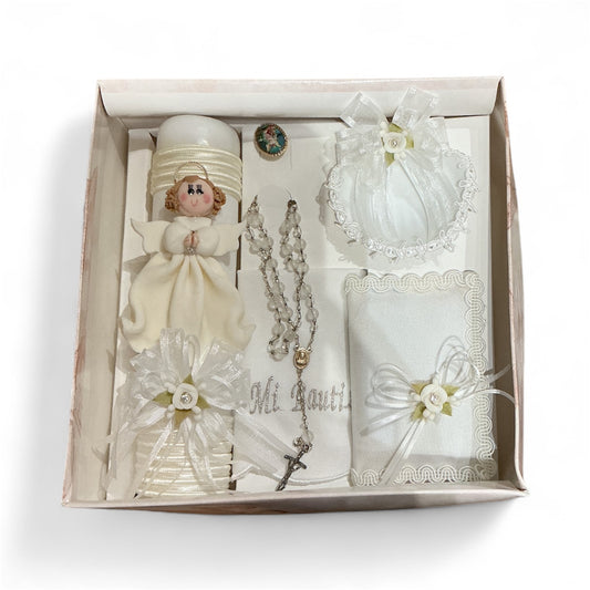 Baptism candle set for girls, white with candle, baptismal towel, shell, rosary, guardian angel medal