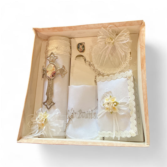 Baptism candle set for boys and girls white candle with cross with baptism imagen  , baptismal towel, shell, rosary, guardian angel medal