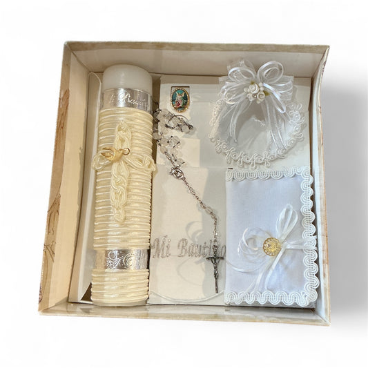 Baptism candle set for boys and girls,white with candle with holy spirit medal , baptismal towel, shell, rosary, guardian angel medal