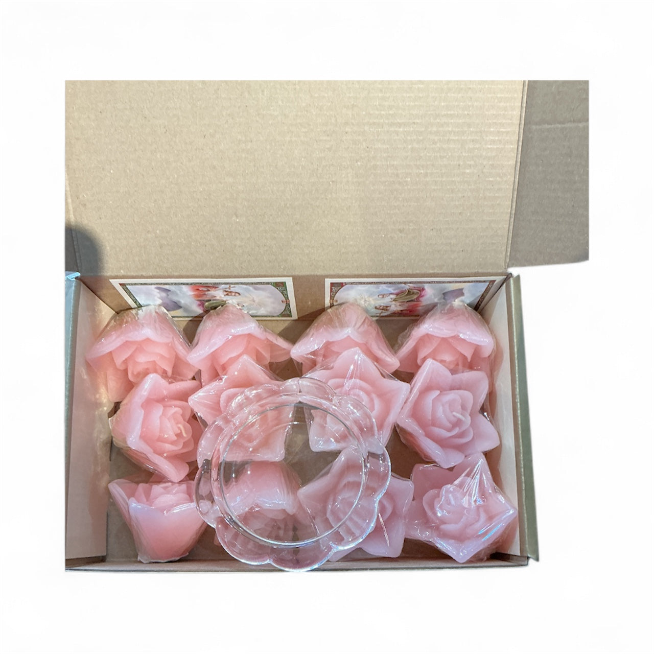 12 Devotional Pink Candles Divine Providence Box flower design /12 Veladoras Devocionales de la Divina Providencia diseño de flor color rosado- bilingüe Candle holder include