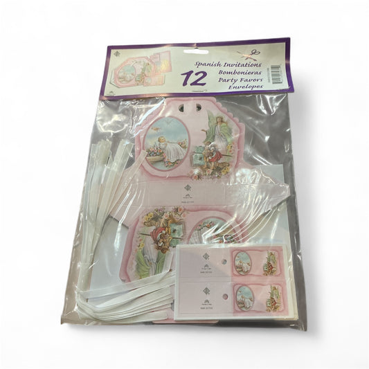 12 Spanish Invitations Bombonieras Party for Baptism - Guardian Angel color Pink