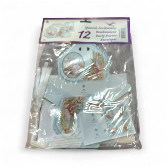12 Spanish Invitations Bombonieras Party Favors Envelopes for Baptism - Gurdian Angel color LIght Blue