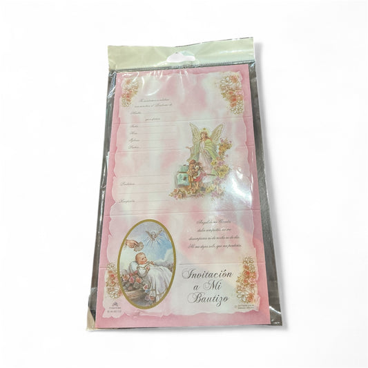 Invitaciones para Bautizo color rosado con imagen de Guardian Angel