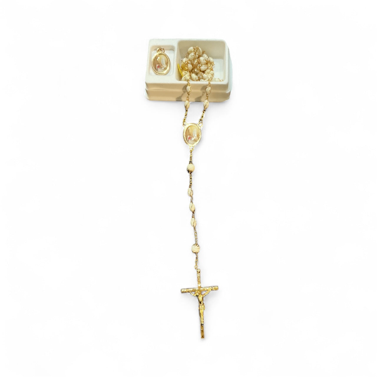 White Rosary W/ Ol Lourdes Center & Medal Lourdes