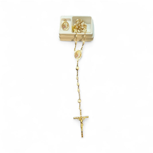 White Rosary W/ Ol Lourdes Center & Medal Lourdes