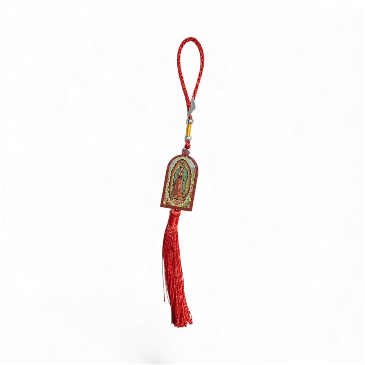 Wooden hanging ornament with the image of Our Lady of Guadalupe