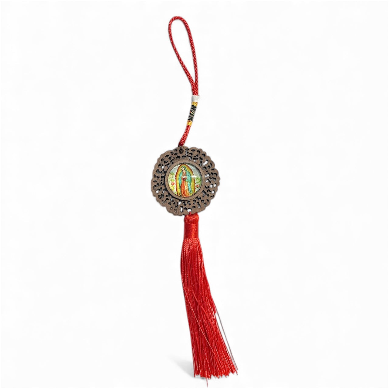 Round wooden hanging ornament with the image of Our Lady of Guadalupe
