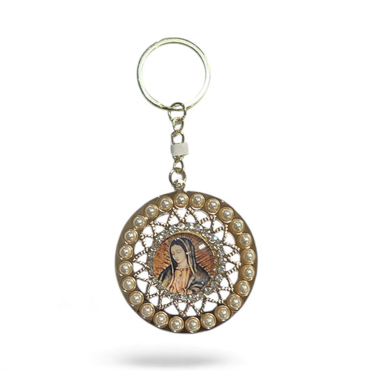 Round keychain with pearls of the Virgin of Guadalupe