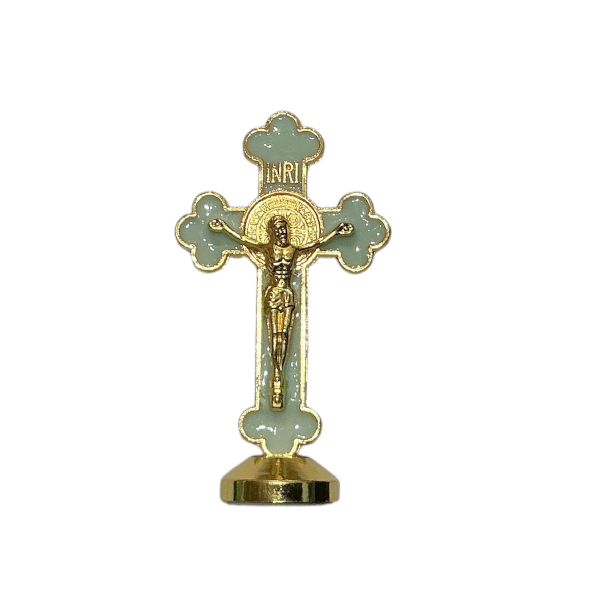 Gold Crucifix St Benedict with base 3” - Green