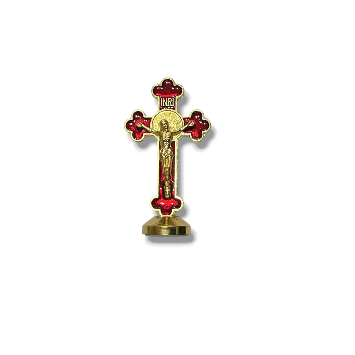 Gold Crucifix St Benedict with base 3” - Red