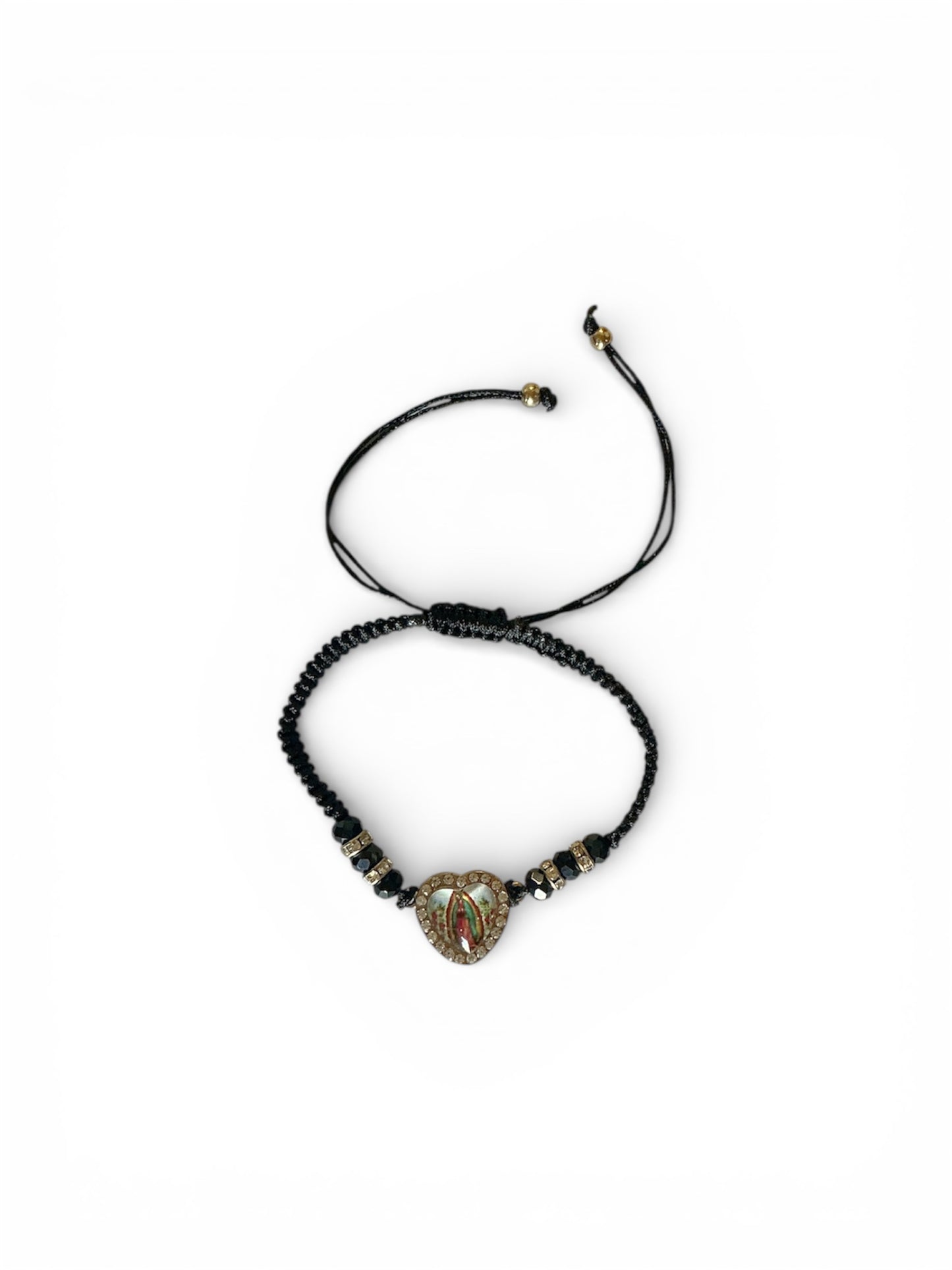 Pulsera de hilo negra encapsulada en forma de corazon de la Virgen de Guadalupe