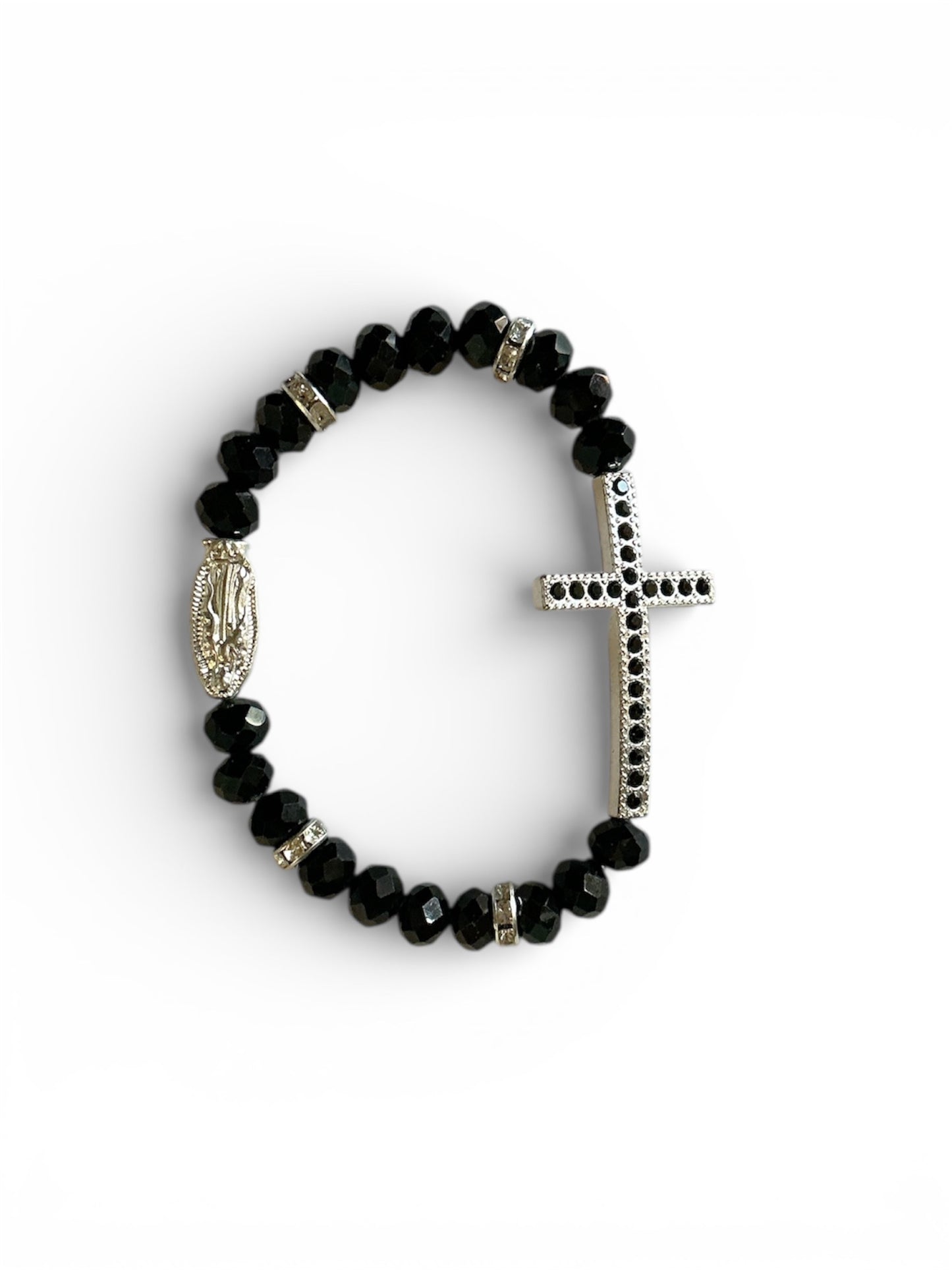 Pulsera de Cristal Negra de la Virgen de Guadalupe con Cruz