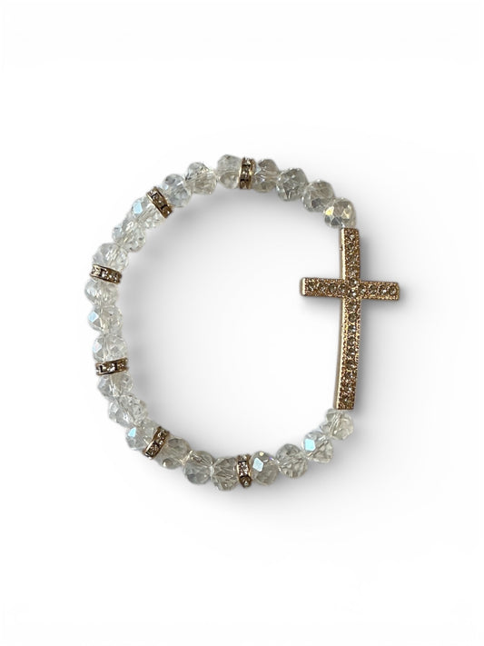 Pulsera de Cristal Blanca con Cruz