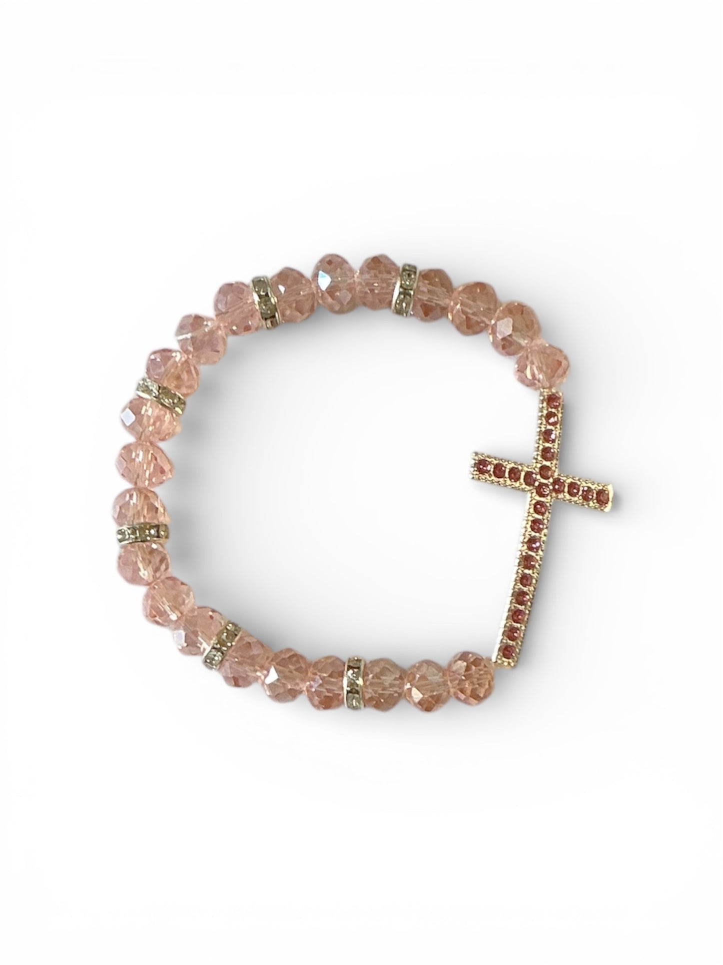 Pulsera de Cristal Rosa con Cruz