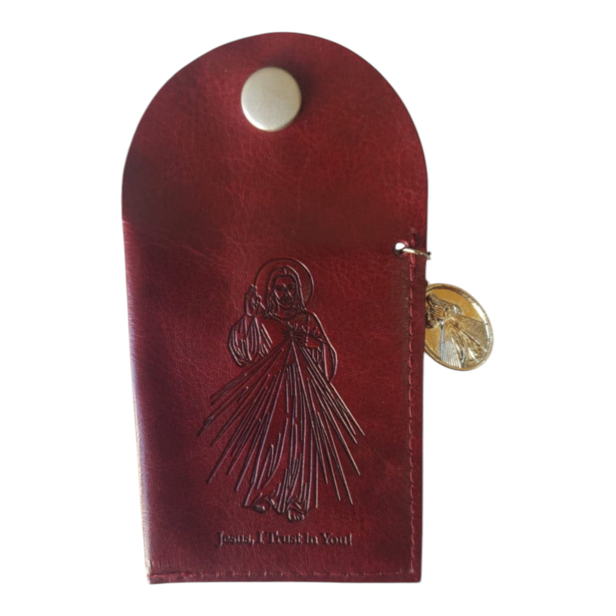 Brown Divine Mercy Leather Rosary Pouch with Divine Mercy Medal