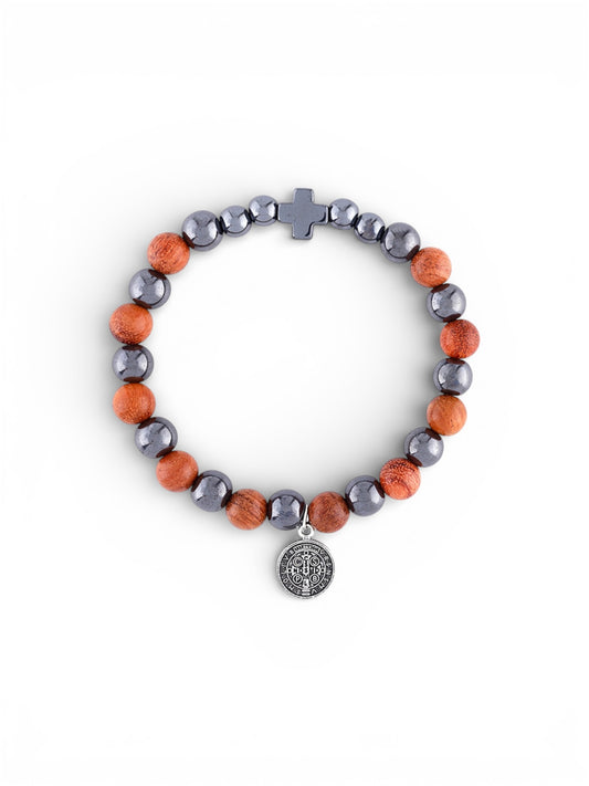 St. Benedict Hematite and Rosewood Rosary Bracelet