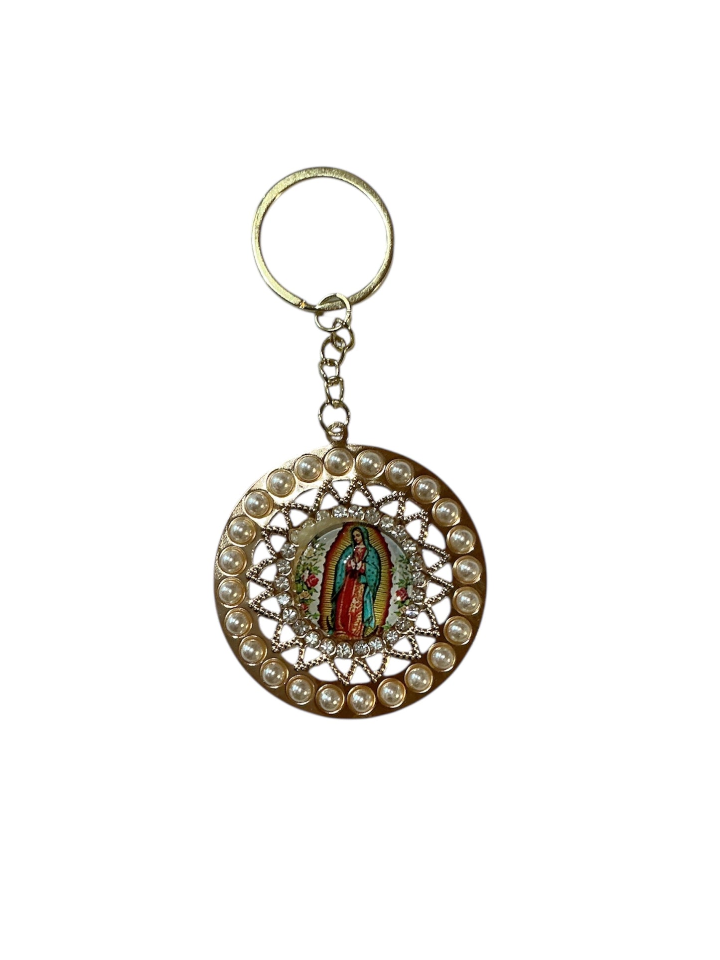 Round keychain with pearls of the Virgin of Guadalupe