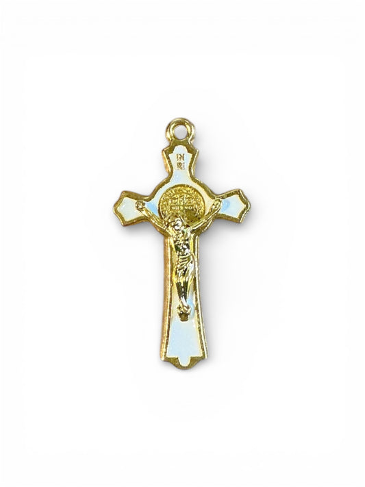White and Gold Inlay St. Benedict Crucifix Pendant